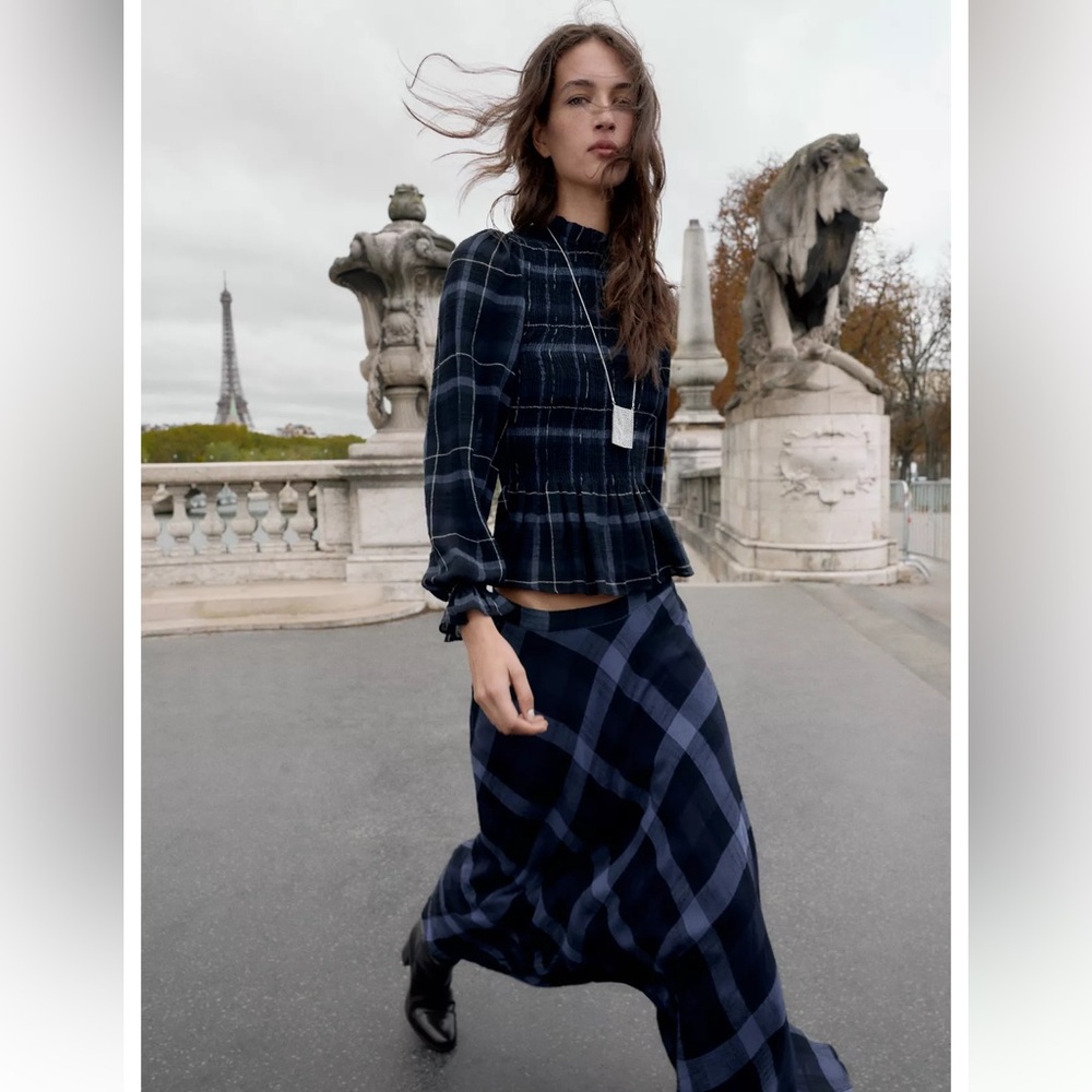 Zara Smocked Plaid Blouse NWT
